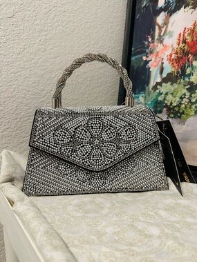 Embellished Crystal Top-Handle Mini Bag in Silver